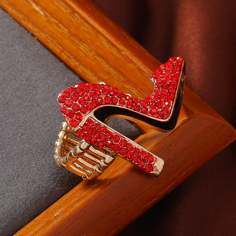European and American retro elastic line Ring women's fashion elegant Chanel style ins Red Diamond-embedded high heel shoes ring jewelry