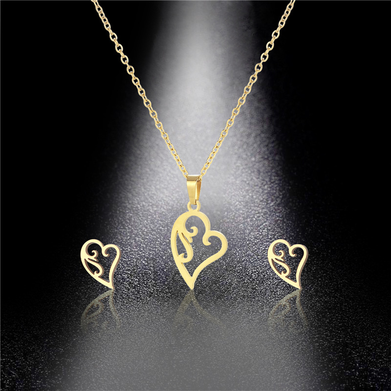 fashion hollow heart-shaped stainless steel necklace earrings set