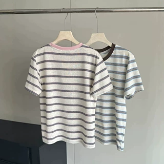 复古氛围感撞色领条纹麻感短袖T恤女条纹控夏季韩系上衣打底衫女