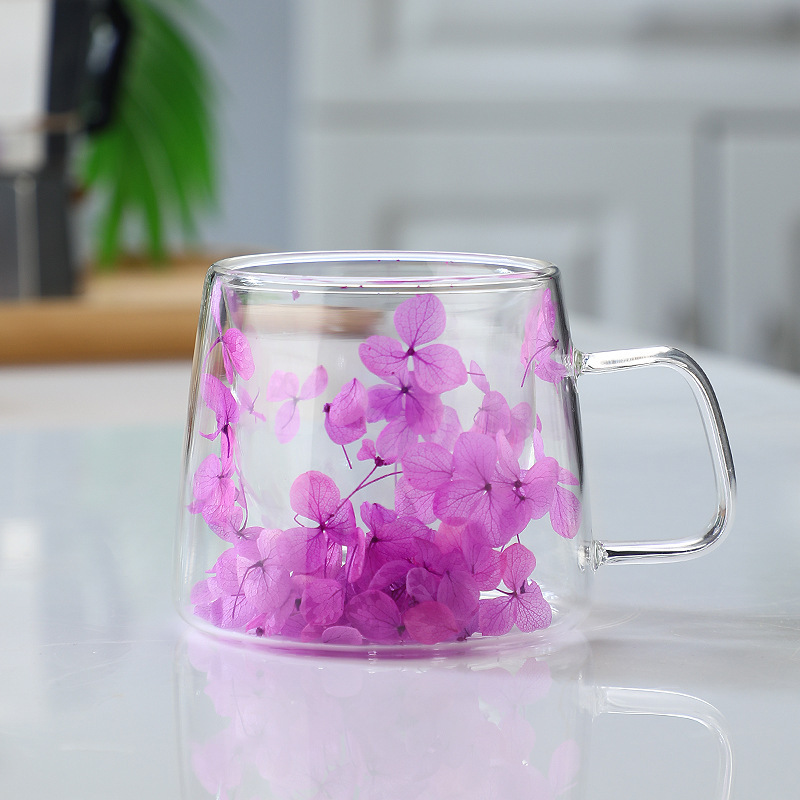 Cross-border Packaging: Trendy Real-flower Glass Cup, High-appearance Coffee Cup Handle, Double-layer Mug With Dried_voghion.com