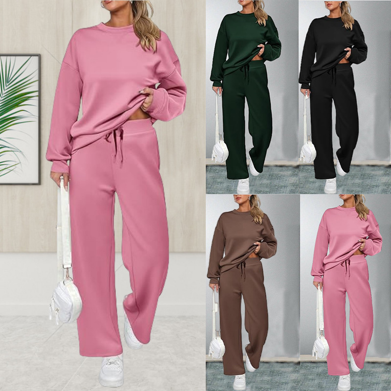 2024 Cross-Border European and American Knitted Women's Two-Piece Long-Sleeved Tops and Casual Wide-Leg Flap Pocket Pants Trousers Set
