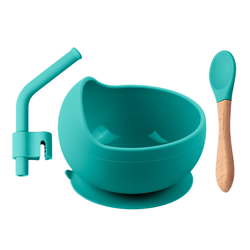 구형 실리콘 그릇 [시안] + 나무 손잡이 스푼 + 빨대
