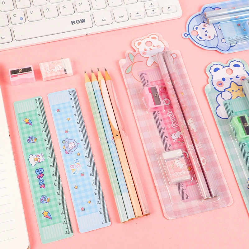 Set for students, eraser, sharpener, ruler, children's teaching stationery, 5 pieces