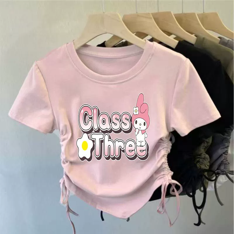 Hello kitty, шелковая летняя футболка, шнурок, с коротким рукавом, slim fit, западный стиль, для подростков