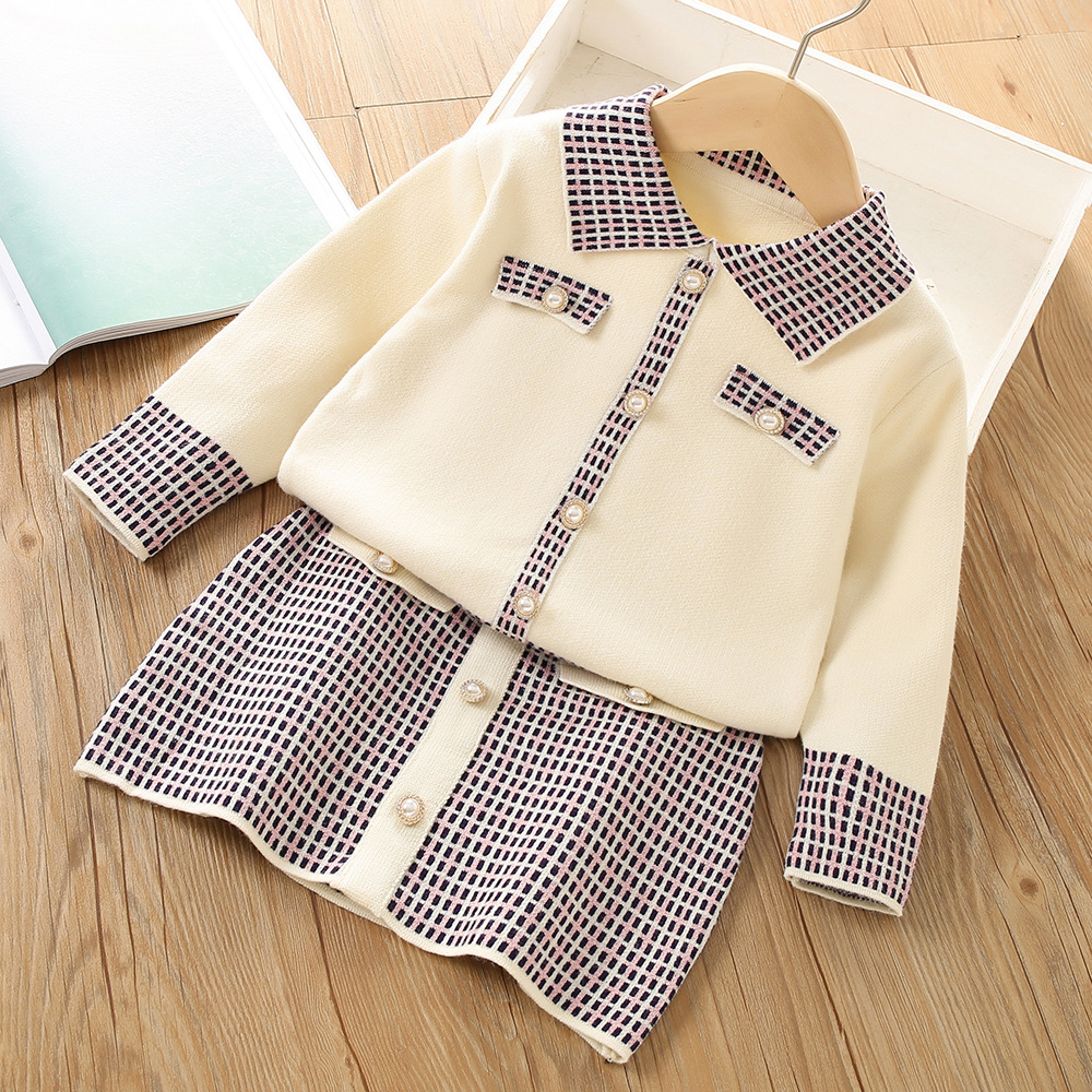 Pull deux pièces pour fille, ensemble Cardigan tricoté à carreaux, petit parfum, nouvelle édition coréenne, automne/hiver 2022_voghion.com