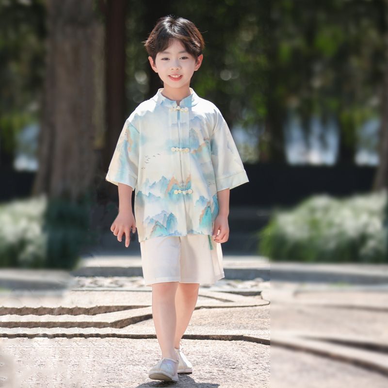 男の子と女の子のための子供用漢服、新しい中国風の漢服半袖スーツ、夏の新しい中国風の唐スーツ、中国学のパフォーマンススーツ|undefined