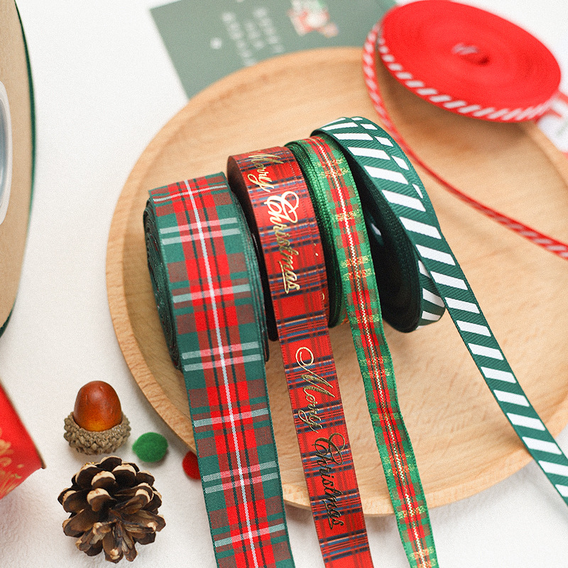 圣诞节包装丝带圣诞格子丝带烫金螺纹丝带节日礼物礼品包装带批发