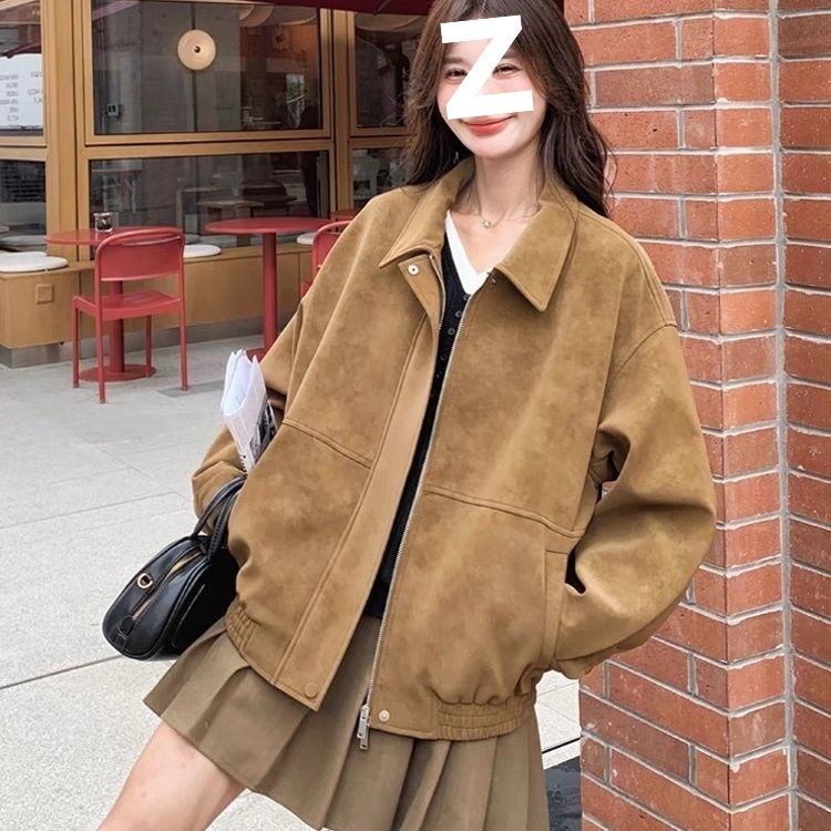 Brown Maillard Suede Jacket Women's 2025 Autumn New Small American Retro Zipper Lapel Jacket