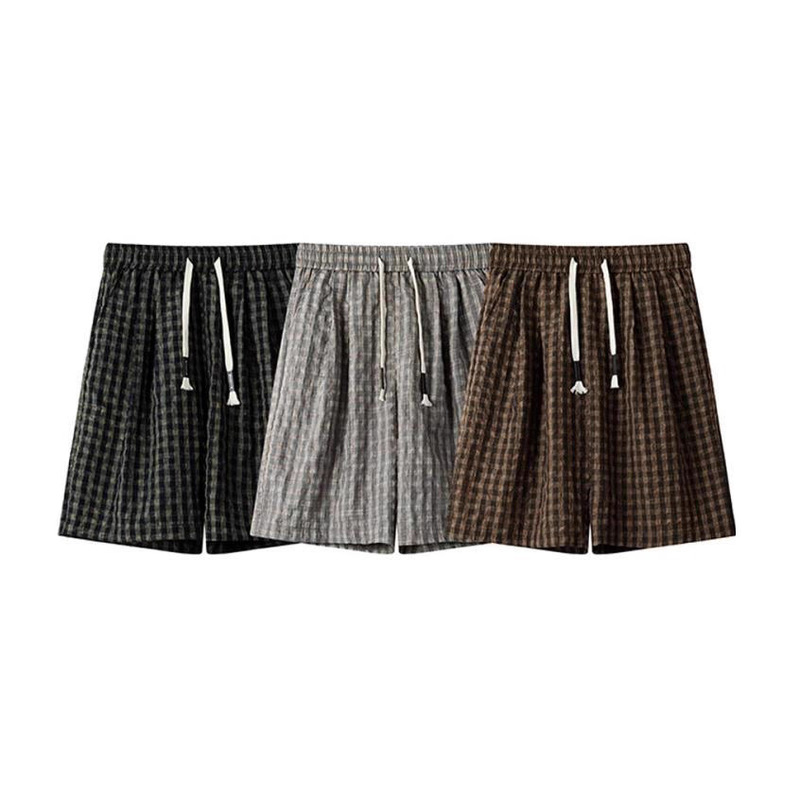 Brown Seersucker Sports Shorts Men's Summer Ice Silk Quick-Drying Plaid Five-Point Pants Lazy Style Loose Casual Pants