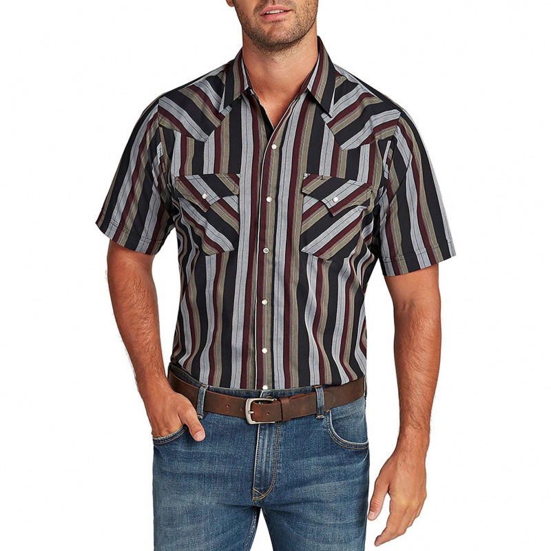 Cross-Border Men's Ely Cattleman Short-Sleeve Striped Digital Print Western Button-Up Shirt Cross-Border Men's Ely Cattleman Short-Sleeve Striped Digital Print Western Button-Up Shirt
