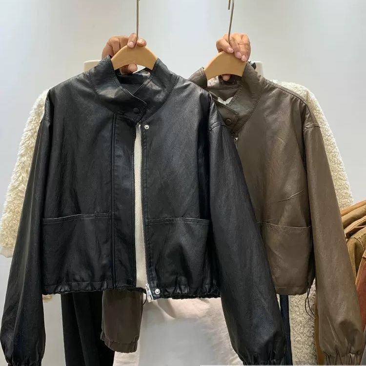 Korean Style Stand-Up Collar Plus Plush Lining Leather Jacket for Women Winter Handsome Drawstring Waist Motorcycle Jacket Thickeneded Warm Jacket