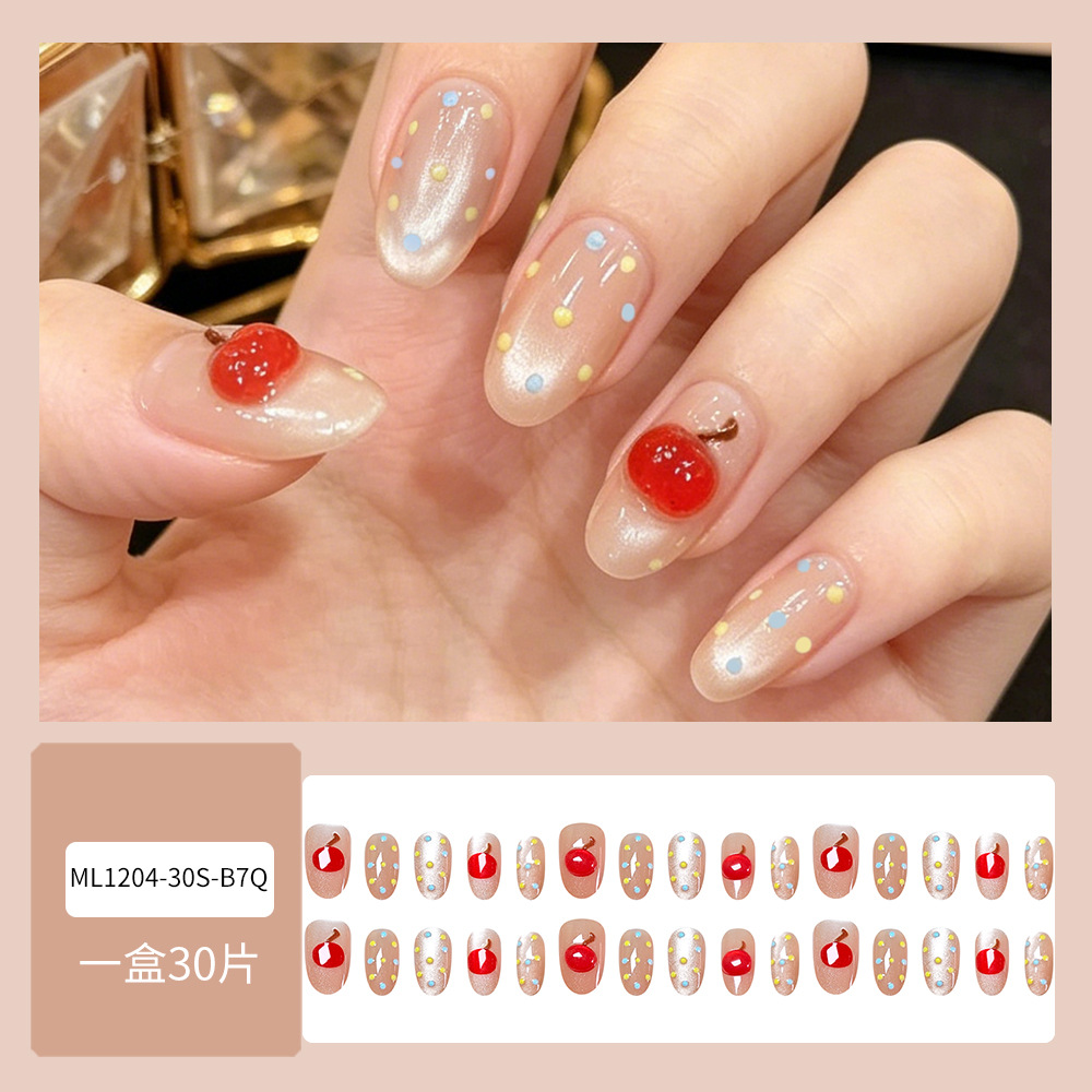 3D estereoscópico cereza onda punto ojo de gato usar uñas 30 piezas pequeñas frescas verano blanqueamiento de uñas parches de dedos falsos lote mixto image 7