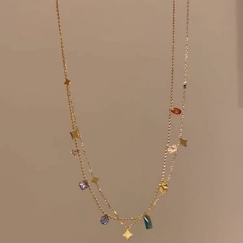 Double-layer layered star colored zircon necklace for women summer light luxury niche design high-end simple elegant clavicle chain 