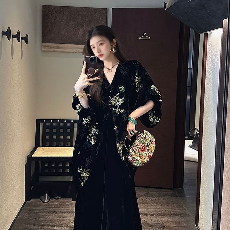 秋季2025新款珠绣丝绒烂花禅意裙国风新中式宽松设计连衣裙 N9026|undefined