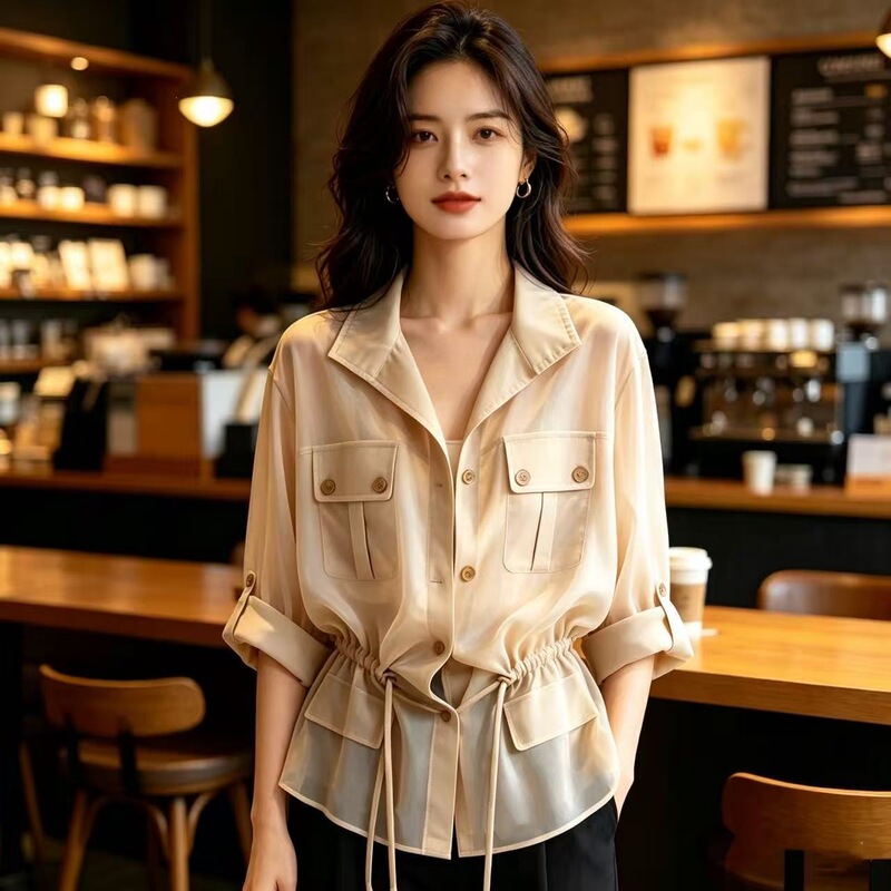 European High-End Exquisite Lapel Three-Quarter Sleeve Shirt for Women, 2026 Summer Korean Style Waist-Cinching Fashionable and Elegant Cardigan Top European High-End Exquisite Lapel Three-Quarter Sleeve Shirt for Women, 2026 Summer Korean Style Waist-Cinching Fashionable and Elegant Cardigan Top