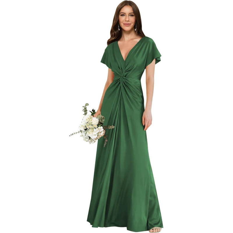 Europa y América transfronterizos 2026 verano nuevo satén de mangas cortas vestido de boda formal vestido de dama de honor