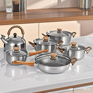 Cross-Border Universal Stainless Steel Pot Set 10 Non-Stick 12-Piece Milk Pot Soup Pot Water Kettle Frying Pan Gift Cooking