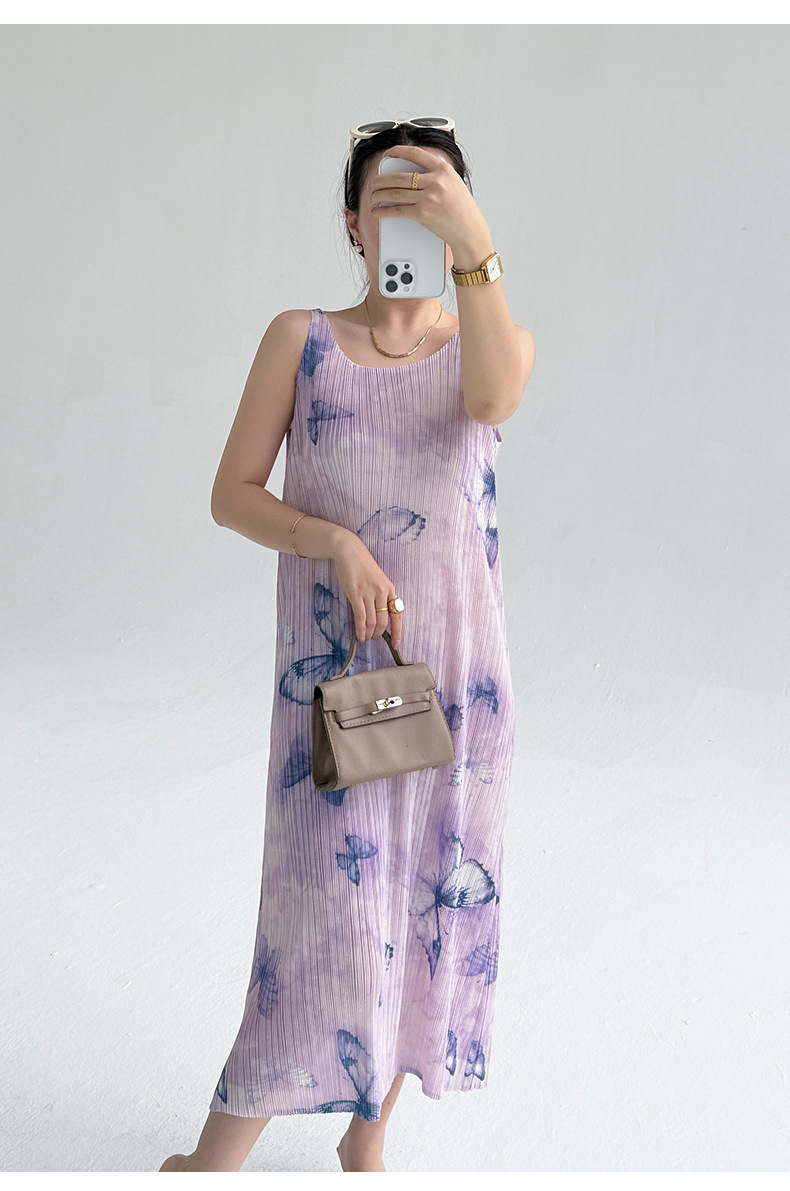 Đầm suông midi in họa tiết bướm gradient phong cách Pháp — màu tím nhạt chi tiết 7