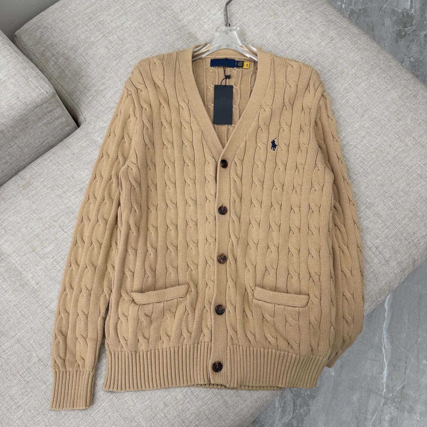 高品質/QRコードスキャン可能 RL ラフ ツイストVネックポケット付きニットカーディガン セーター クラシックベーシック カップルスタイル