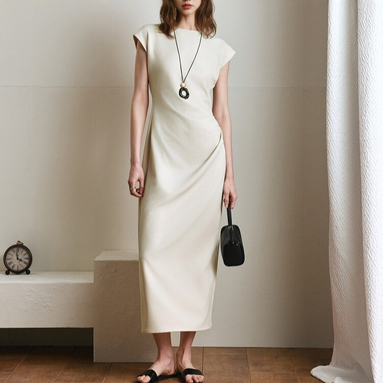 Openrolesm Elegant Wide-Shouldered Round-Neck Sleeveless Dress for Women, High-End Pleated High-Waisted Mid-Length Skirt for Summer