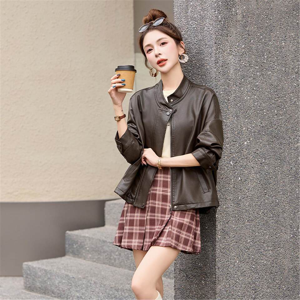 Áo khoác da nữ dáng ngắn cổ lật phong cách công sở — Trang chủ, đen