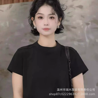 【跨境专供】圆领短袖T恤女百搭打底衫新款夏季小个子简约上衣