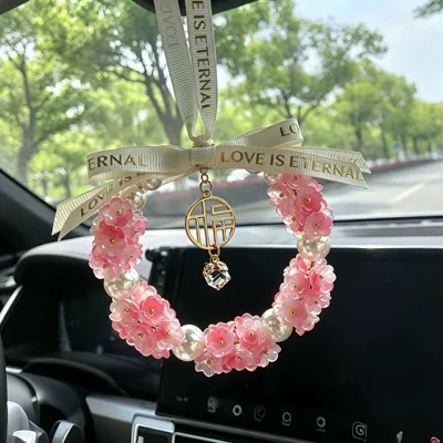 Car hanging rearview mirror decoration, women's car - lily-of-the-valley-in-rose-red-8-pearls