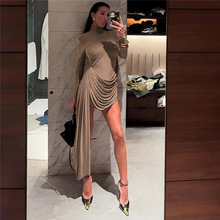 2025秋冬新款欧美女装气质修身露背圆领包臀飘带缩褶长袖连衣裙女