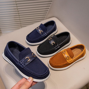 Children's Single-layer Shoes 2023 Spring and Autumn New Flying Woven Shoes Middle and Big Children's British Style Casual Children's Shoes One-step Pea Shoes
