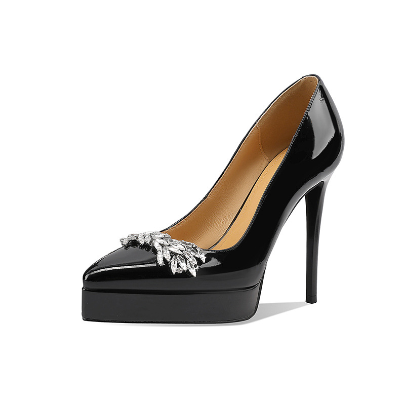 Giày cao gót nữ mũi nhọn da thật, gót siêu cao 14 cm, đế platform, đính đá rhinestone — Màu nude 10cm