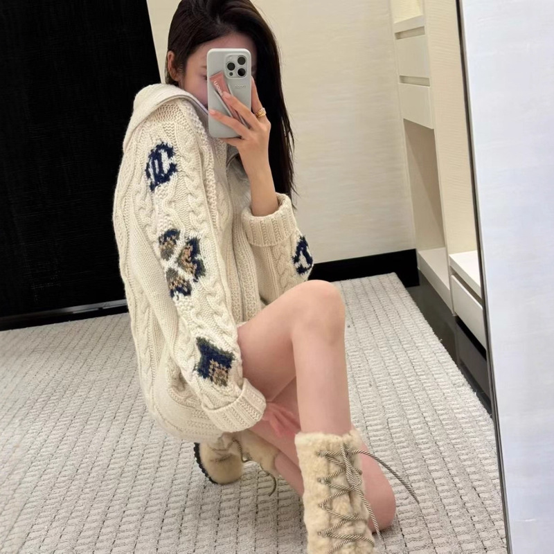 【不支持退货】高品质小香风慵懒大翻领拉链针织衫外套女|undefined