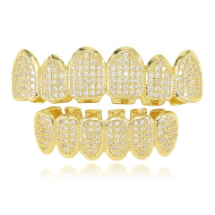 誇張銅鑲鋯石真金電鍍嘻哈金牙套teeth grillz裝飾道具牙齒配飾