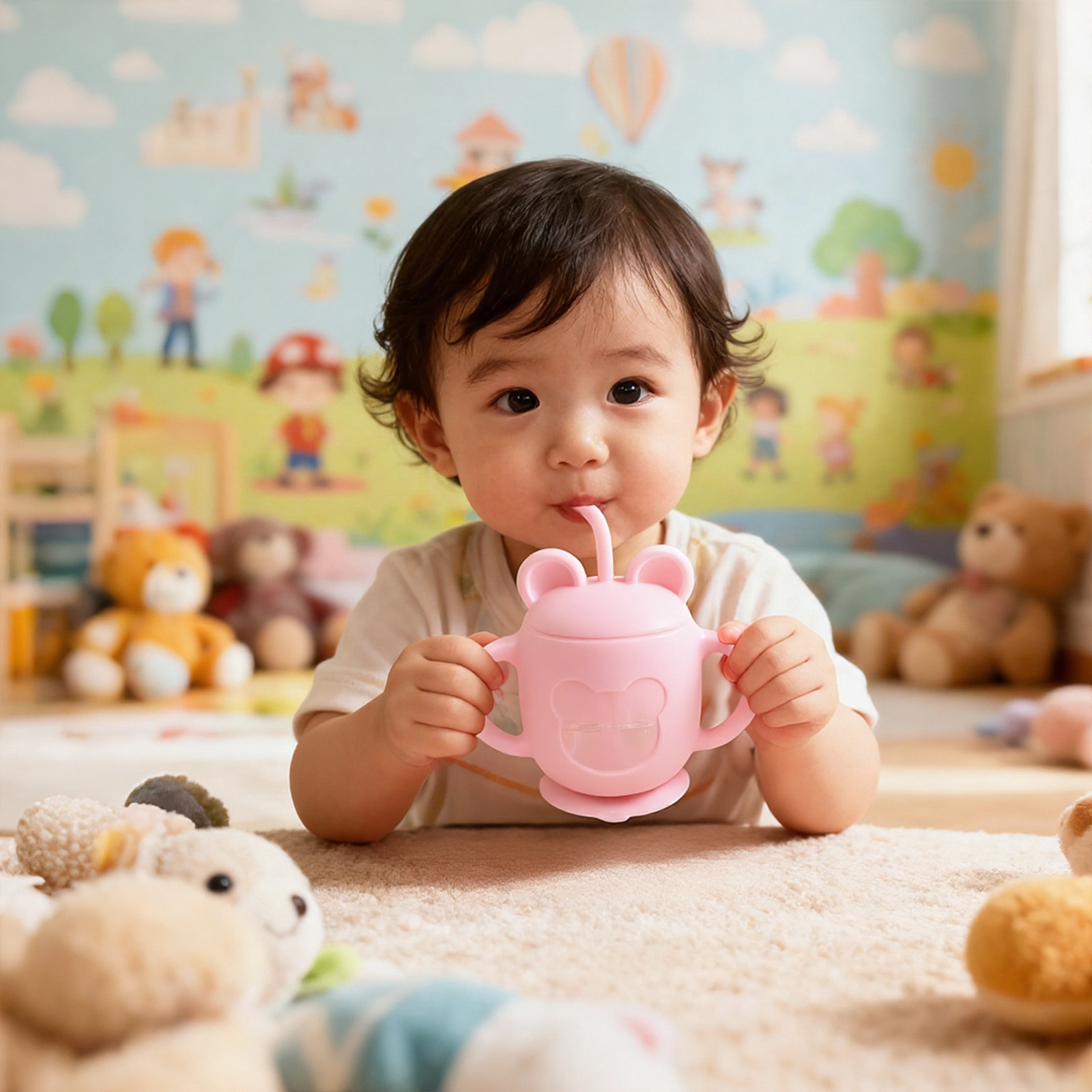 Baby Learning Drinking Cup for 6 Months and Above, Anti-Choking Bottle, Transparent Window, Kitten Baby Straw Drinking Cup