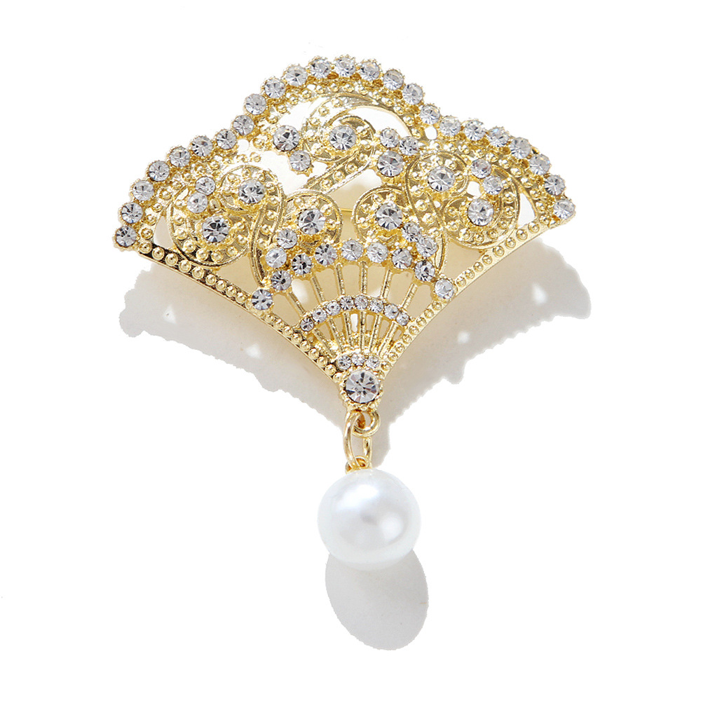 Korean style fashion personality Chinese style fan pearl brooch anti exposure corsage buckle forest series all match temperament female_voghion.com