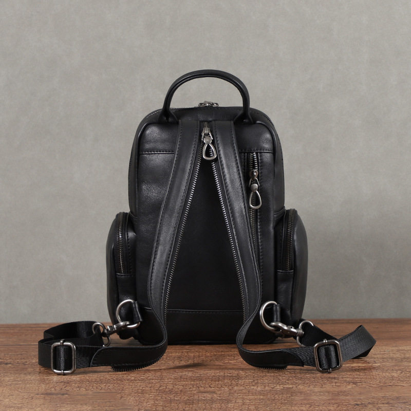 Túi đeo chéo nam da bò lớp đầu kiểu đeo ngực đa năng 22×12×28 cm — Màu đen