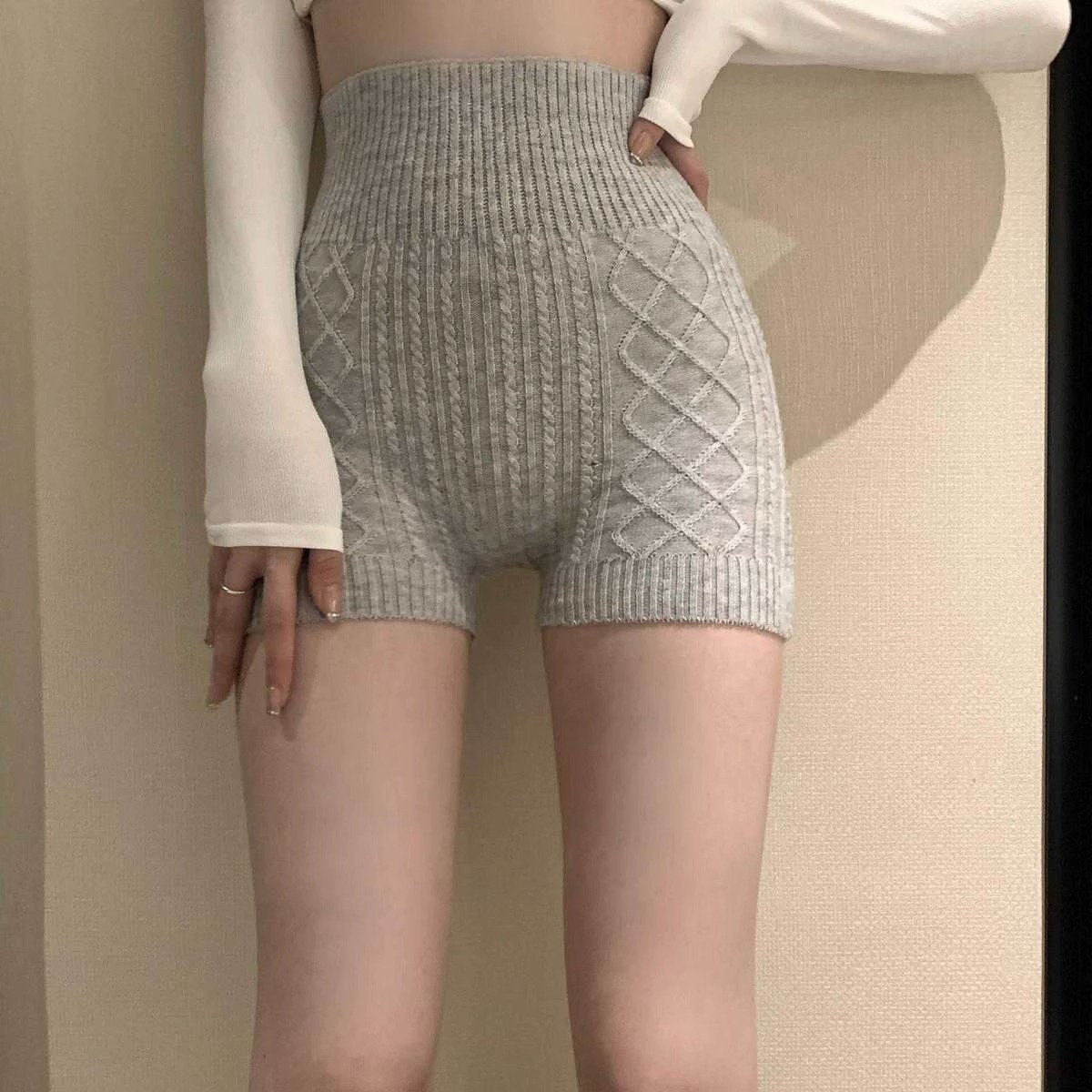 겨울 눈부심 방지 니트 병 반바지 여성 가을 높은 허리 슬리밍 겨울 외부 착용 바지 작은 안전 바지