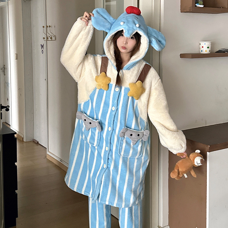 Autumn and Winter Thickened Blue and White Contrast Striped Clumsy Elephant Split Long Pants Overalls Flannel Couple Loungewear Autumn and Winter Thickened Blue and White Contrast Striped Clumsy Elephant Split Long Pants Overalls Flannel Couple Loungewear