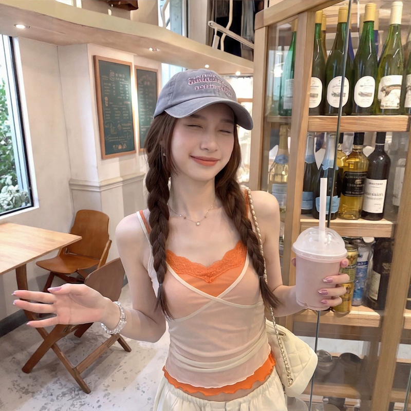 Summer Korean Style New Pure Desire Sweet and Spicy Girl Vibe Fake Two-Piece Lace Slim-Fit Slightly Sheer Camisole Top Summer Korean Style New Pure Desire Sweet and Spicy Girl Vibe Fake Two-Piece Lace Slim-Fit Slightly Sheer Camisole Top