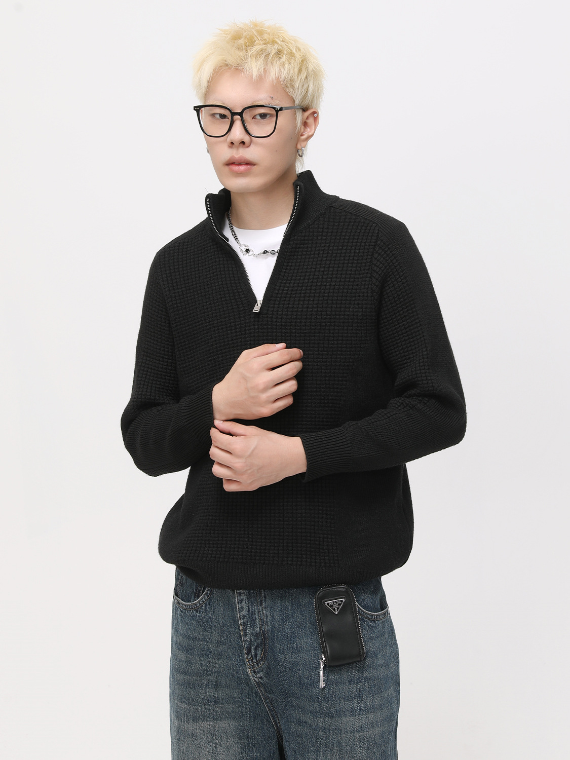 MTLCLOTHES Hombres| Francés de alta sensibilidad con cremallera de cuello medio abierto de color sólido de cuello alto tendencia de suéter de punto casual