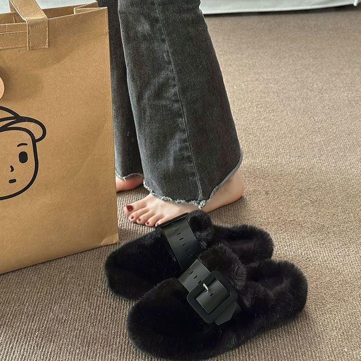 兔毛绒包头毛毛拖鞋女外穿2024新款秋冬厚底软底防滑孕妇棉拖