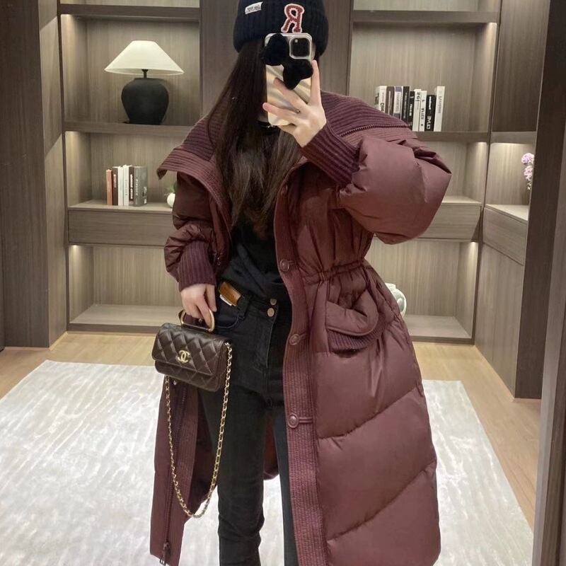 New Year's New down Jacket Women's Waist Slimming Knitted Stitching Large Lapel Winter Long Over-The-Knee White Duck down Coffee Color