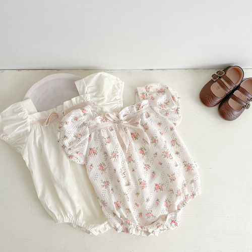 Summer Newborn Baby and Children's romper with small floral bow, for girls, bubble sleeve, diaper cover, crawling suit