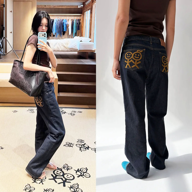 Correct version: Song Yanfei's Urban 26fw match pocket embroidered drapey floor-length straight-leg jeans