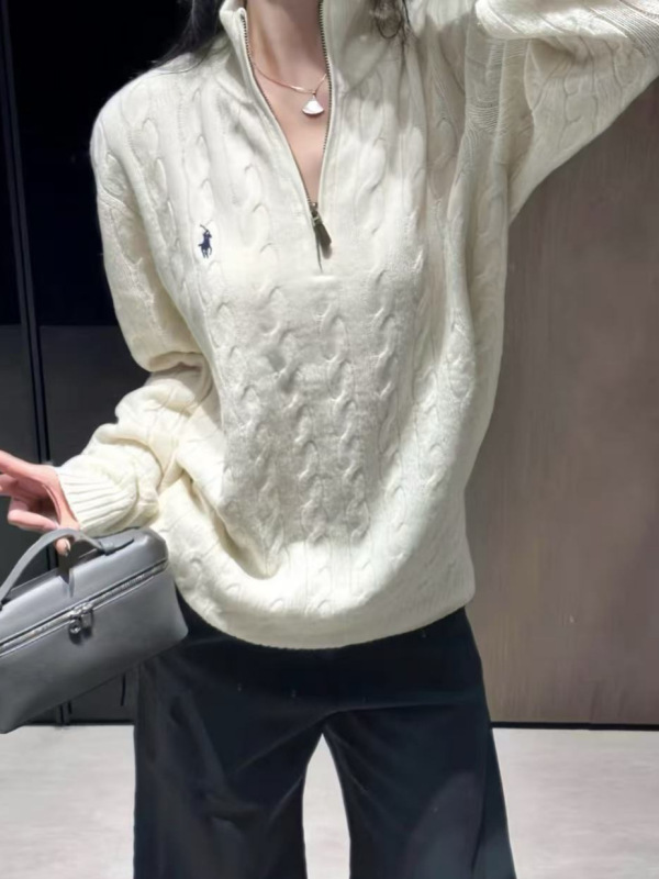 可扫码拉夫RL刺绣小马标经典款半拉链绞花针织毛衣百搭长袖上衣女|undefined