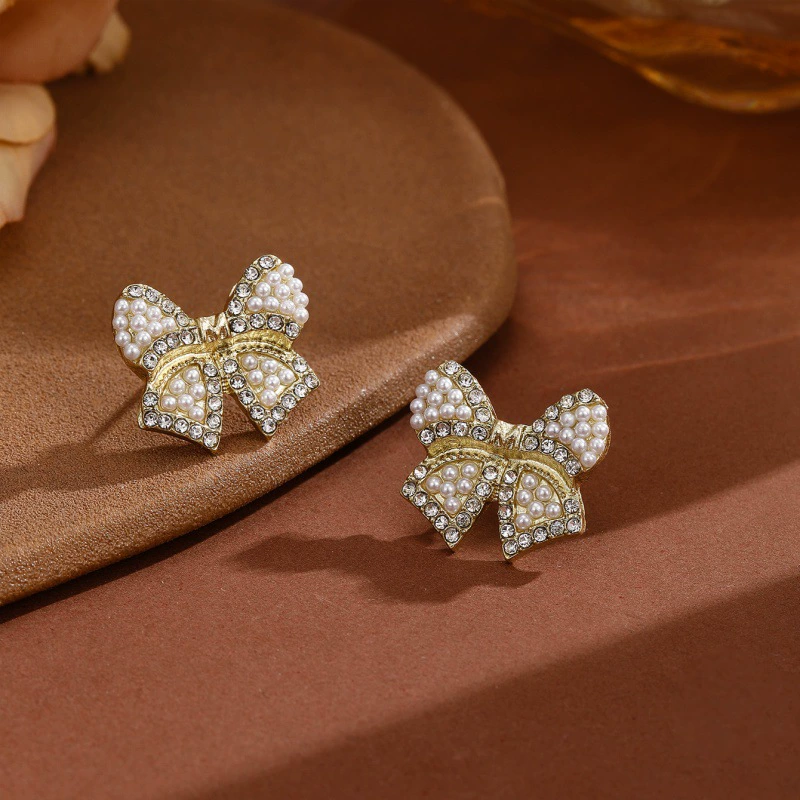 Pearl bow earrings, Japanese‑Korean style, rhinestone‑encrusted, lightweight 0.01 kg