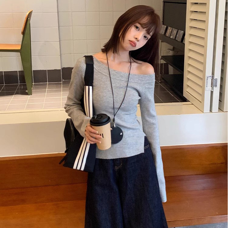 灰色高级感斜肩修身打底衫长袖T恤女秋季2025新款配阔腿裤的上衣|undefined
