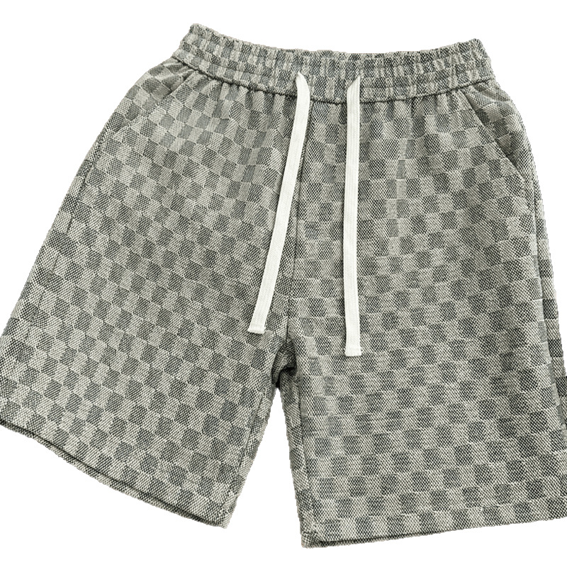 Men's Houndstooth Print Casual Pants High Street Style Loose Straight Leg Five Point Design For Outerwear Or Beach Wear_viptrois.com
