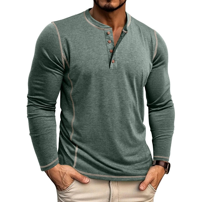 2025 Cross-Border Men's Autumn and Winter Large Size Export Men's Long-Sleeved T-Shirt European and American Men's Henley Shirt Four-Button Top