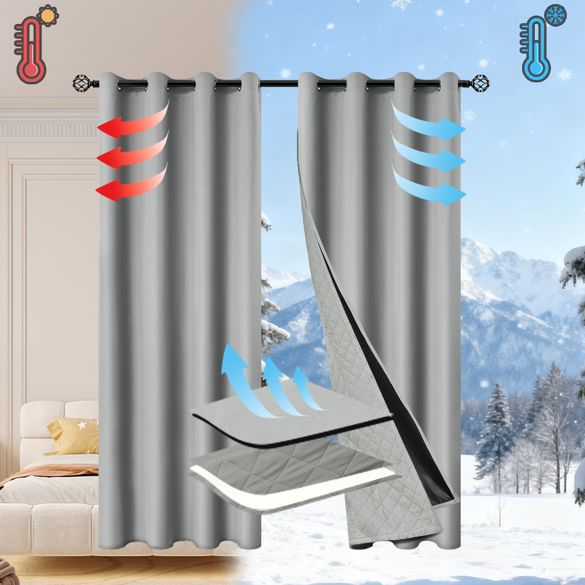 Amazon primavera textil de algodón totalmente sombreado desmontable 2 en 1 cortina de invierno calentamiento cortina de sala de estar a prueba de viento y frío