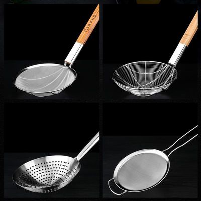 Stainless steel Leaky spoon Colander commercial Wooden handle kitchen filter screen Close Large Fried Lo mein spoon household